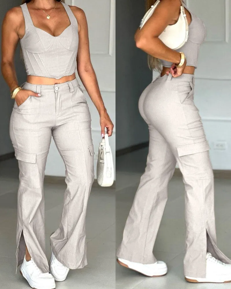 2 Pieces Spaghetti Strap V Neck Crop Top and Casual Pocket Design Button Front Slit Cargo Pants Set