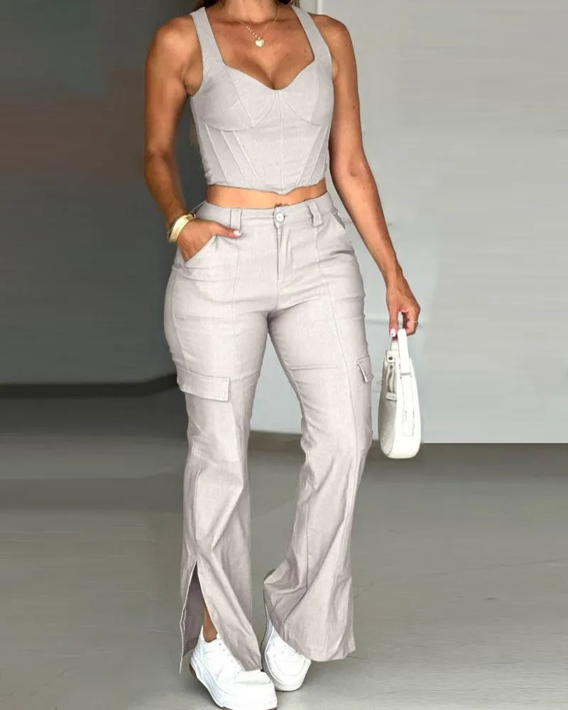 2 Pieces Spaghetti Strap V Neck Crop Top and Casual Pocket Design Button Front Slit Cargo Pants Set