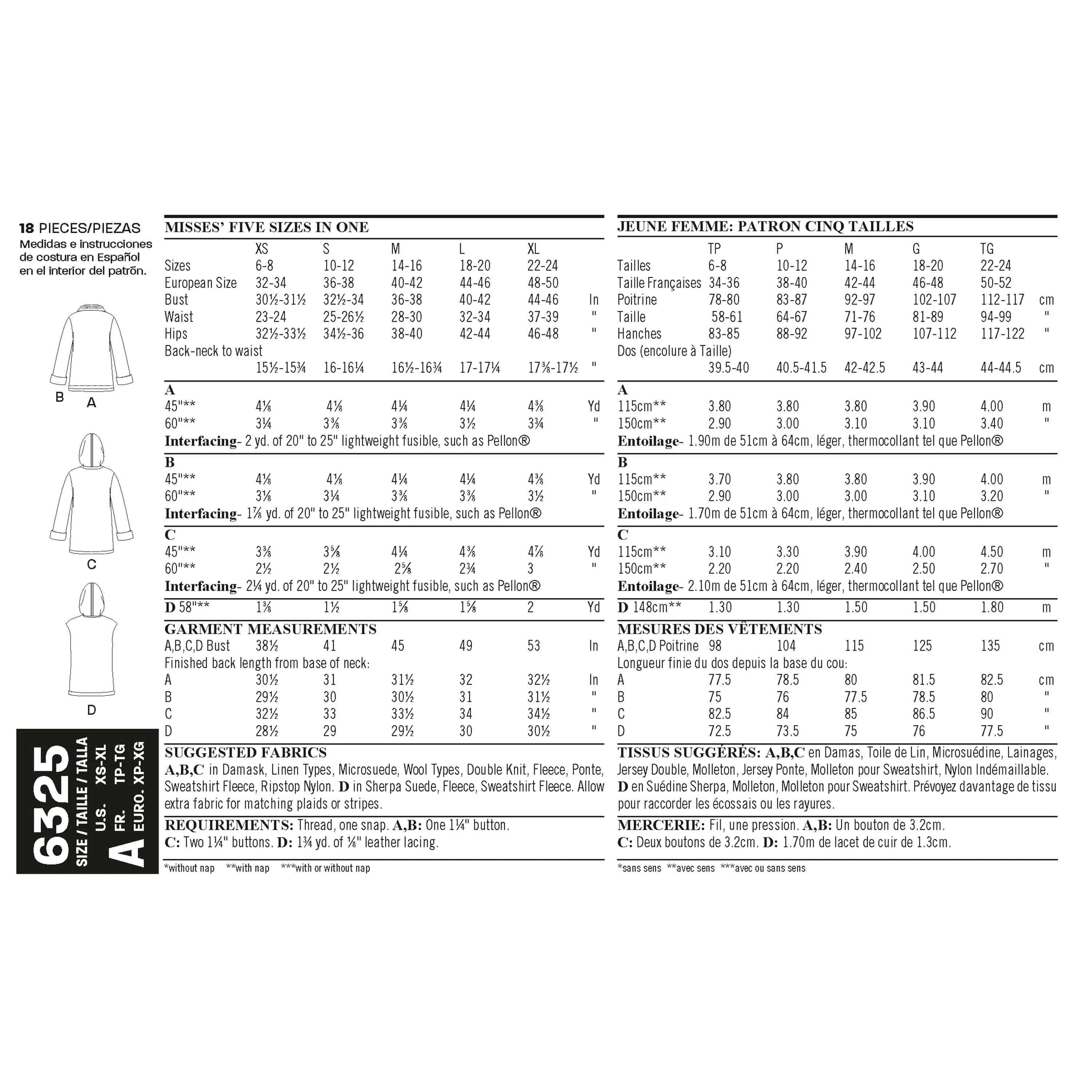 6325 Misses' Easy Coat with Length and Front Variations, and Vest