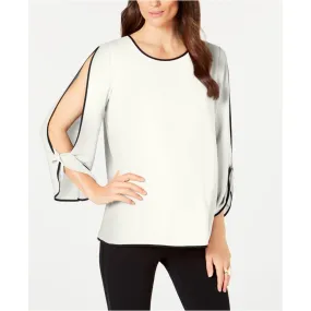 Alfani Piped Split-Sleeve Top, White, Size XL