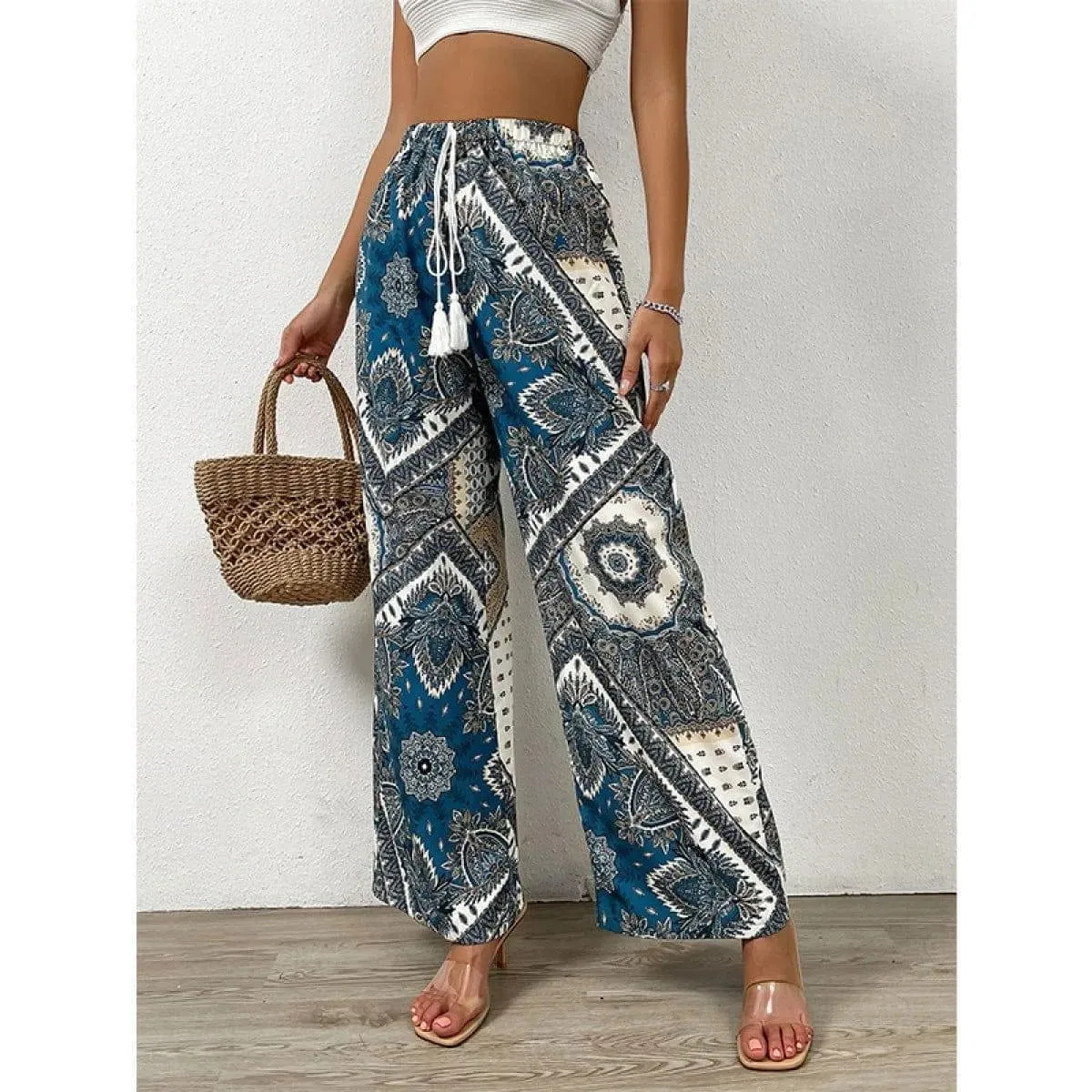 All Over Plants Print Tie Front High Waist Pants