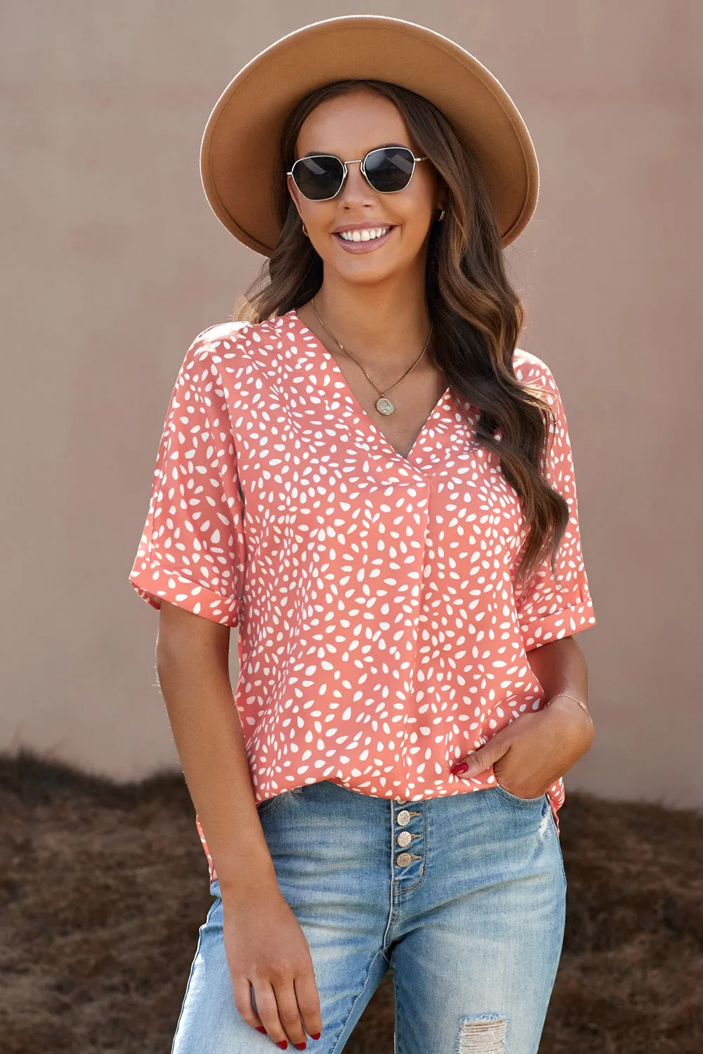 Animal Print V-Neck Rolled Sleeve Tunic Top