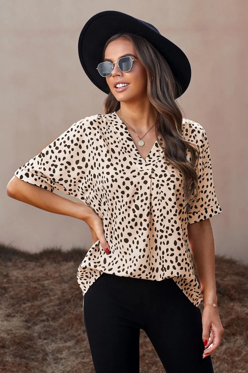 Animal Print V-Neck Rolled Sleeve Tunic Top