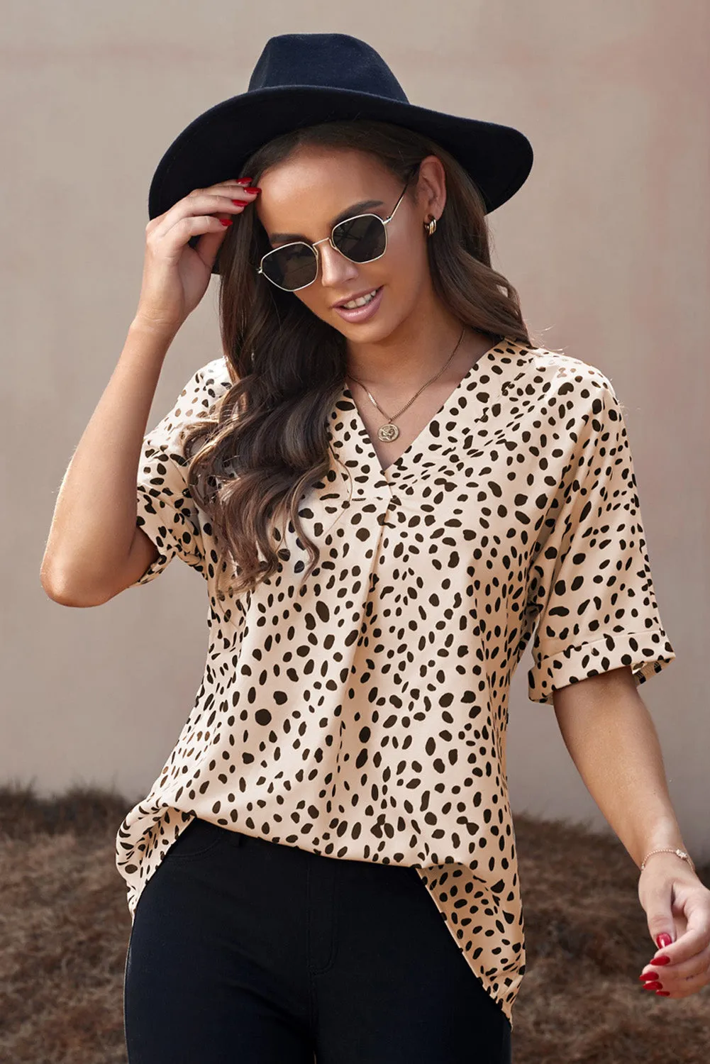 Animal Print V-Neck Rolled Sleeve Tunic Top