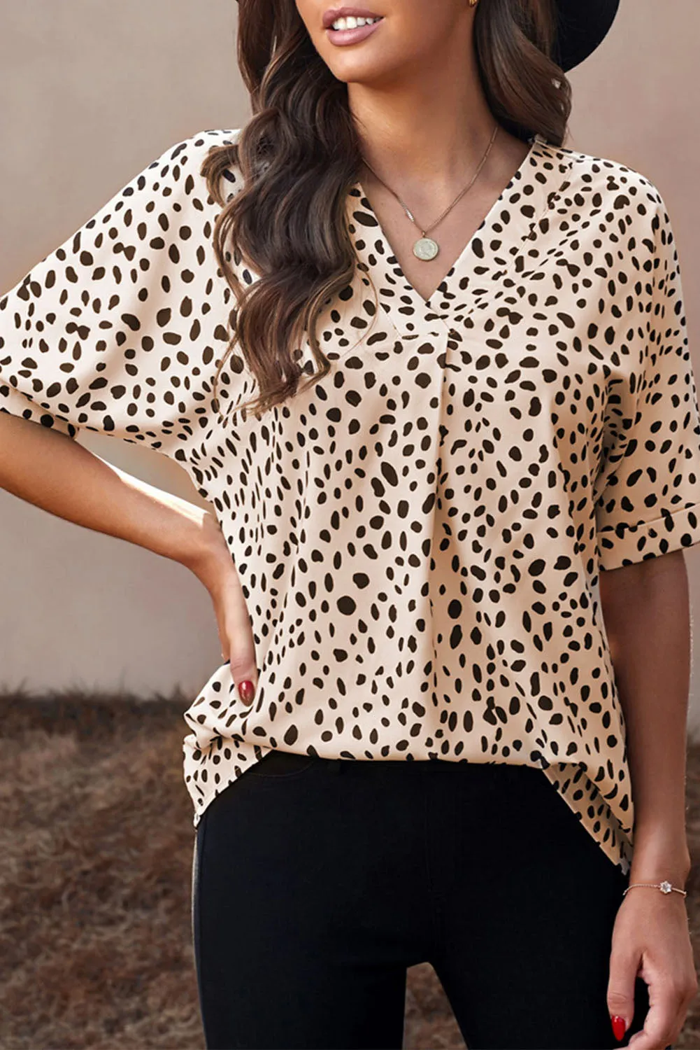 Animal Print V-Neck Rolled Sleeve Tunic Top