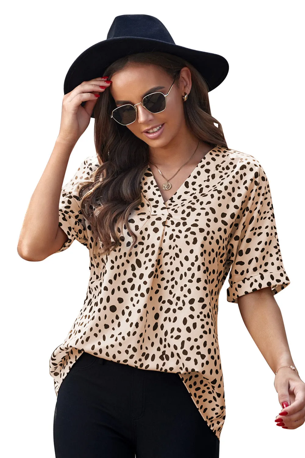 Animal Print V-Neck Rolled Sleeve Tunic Top