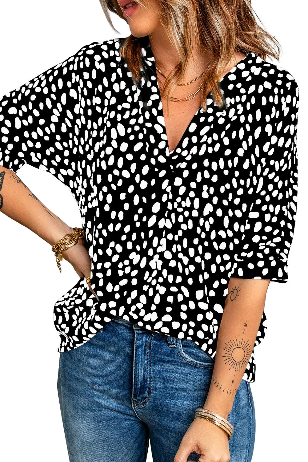 Animal Print V-Neck Rolled Sleeve Tunic Top