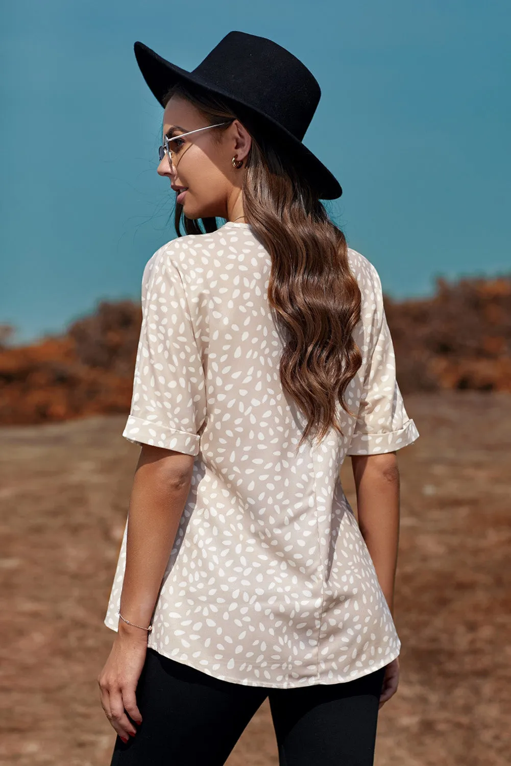 Animal Print V-Neck Rolled Sleeve Tunic Top