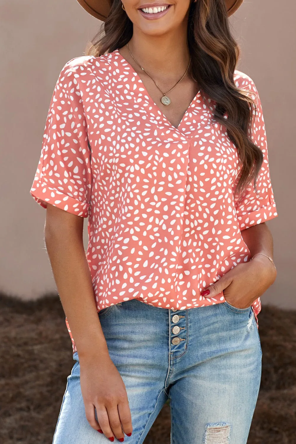 Animal Print V-Neck Rolled Sleeve Tunic Top