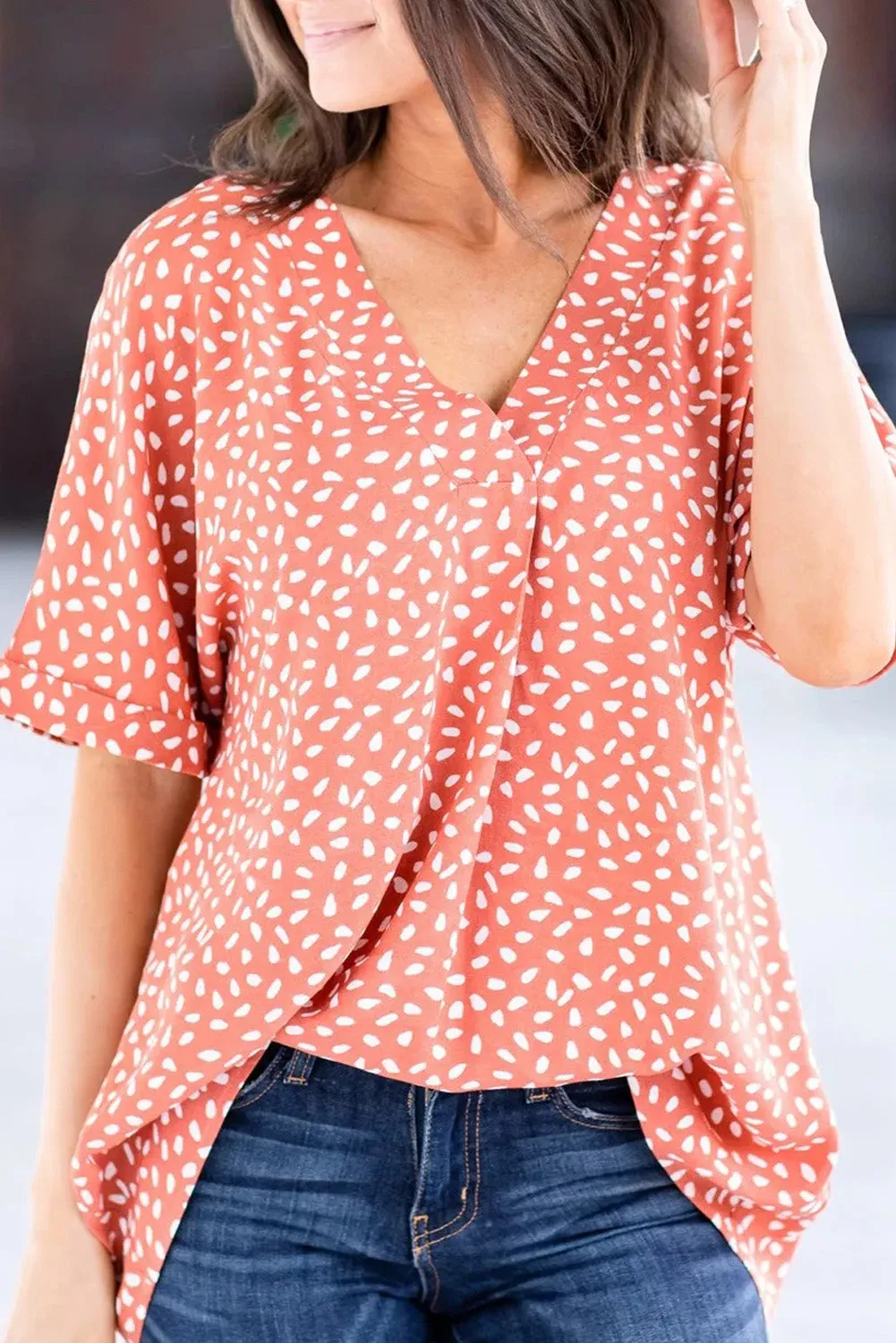 Animal Print V-Neck Rolled Sleeve Tunic Top