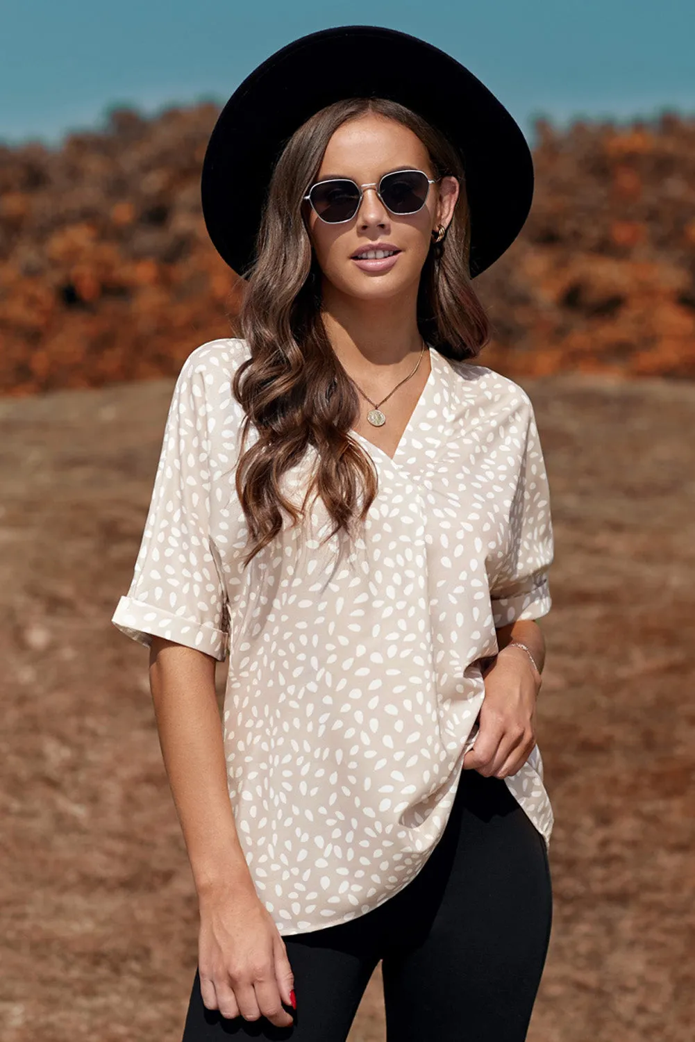 Animal Print V-Neck Rolled Sleeve Tunic Top