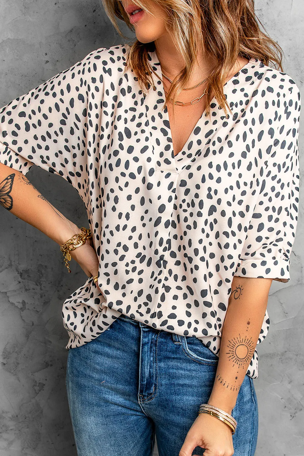 Animal Print V-Neck Rolled Sleeve Tunic Top