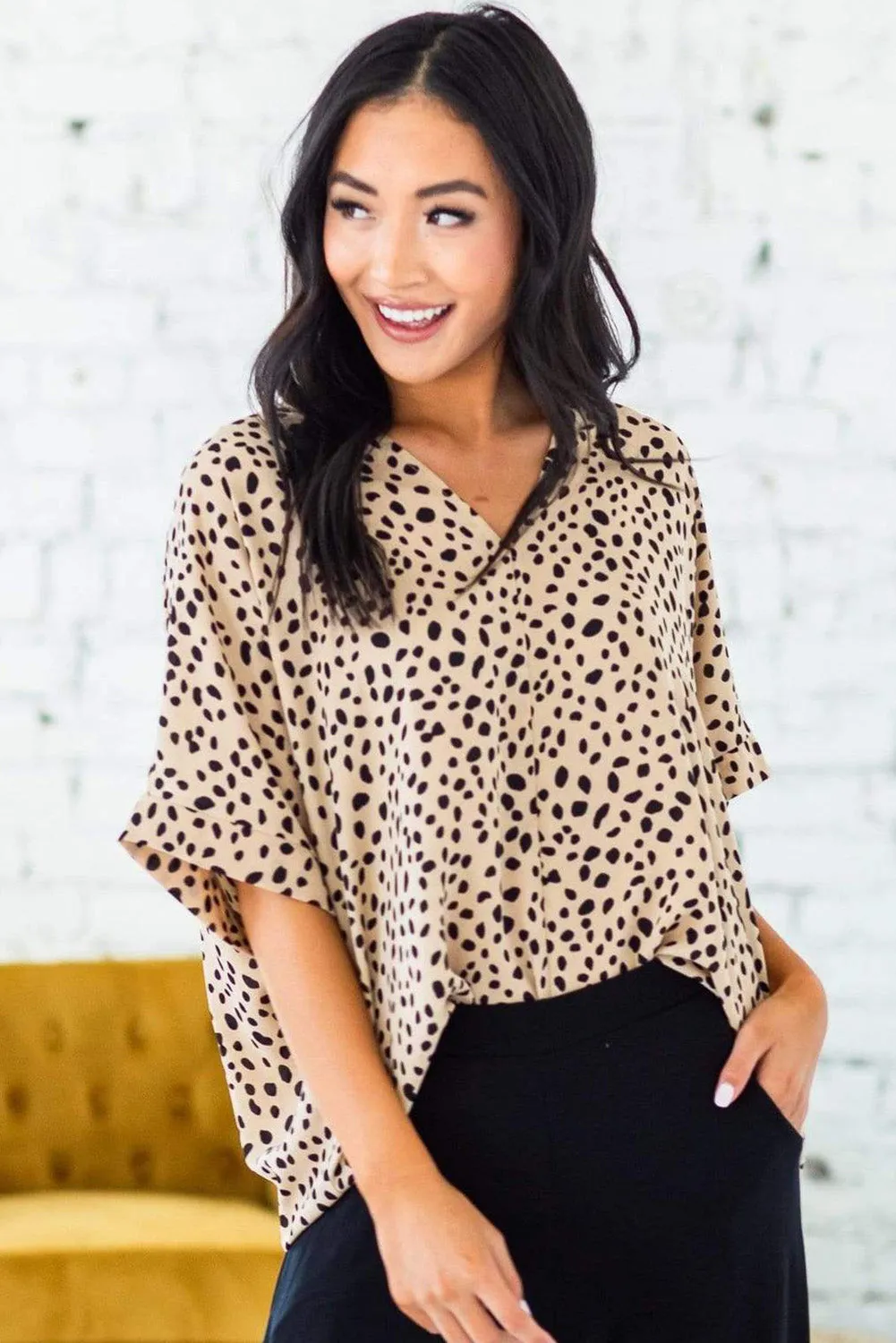 Animal Print V-Neck Rolled Sleeve Tunic Top