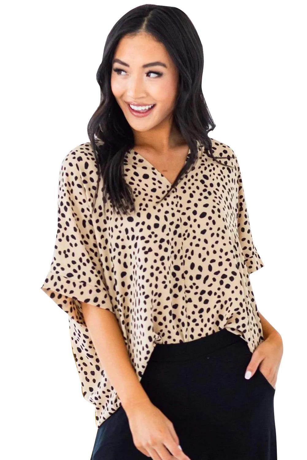 Animal Print V-Neck Rolled Sleeve Tunic Top