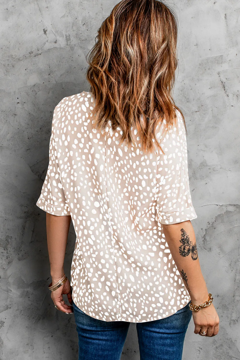 Animal Print V-Neck Rolled Sleeve Tunic Top