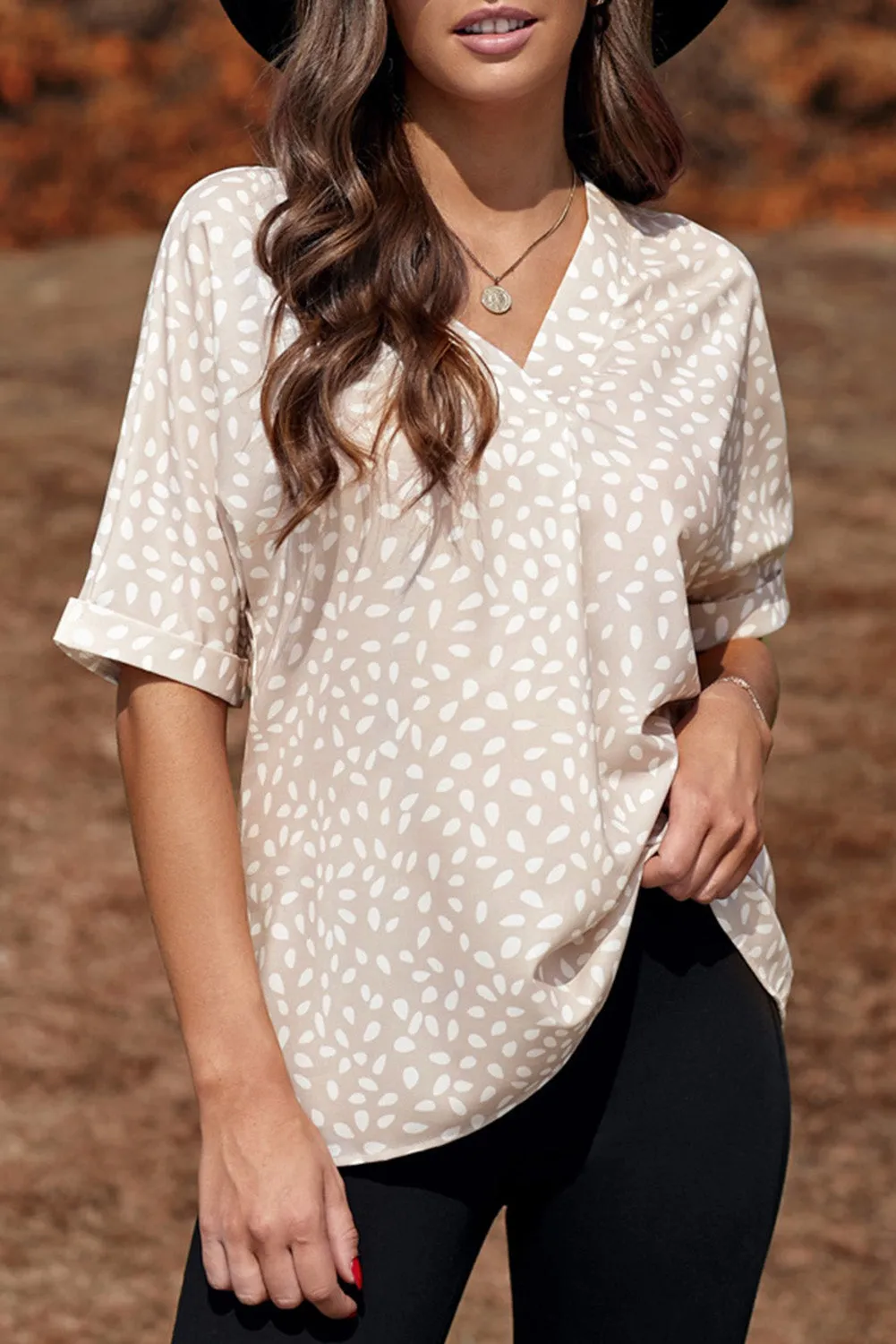 Animal Print V-Neck Rolled Sleeve Tunic Top