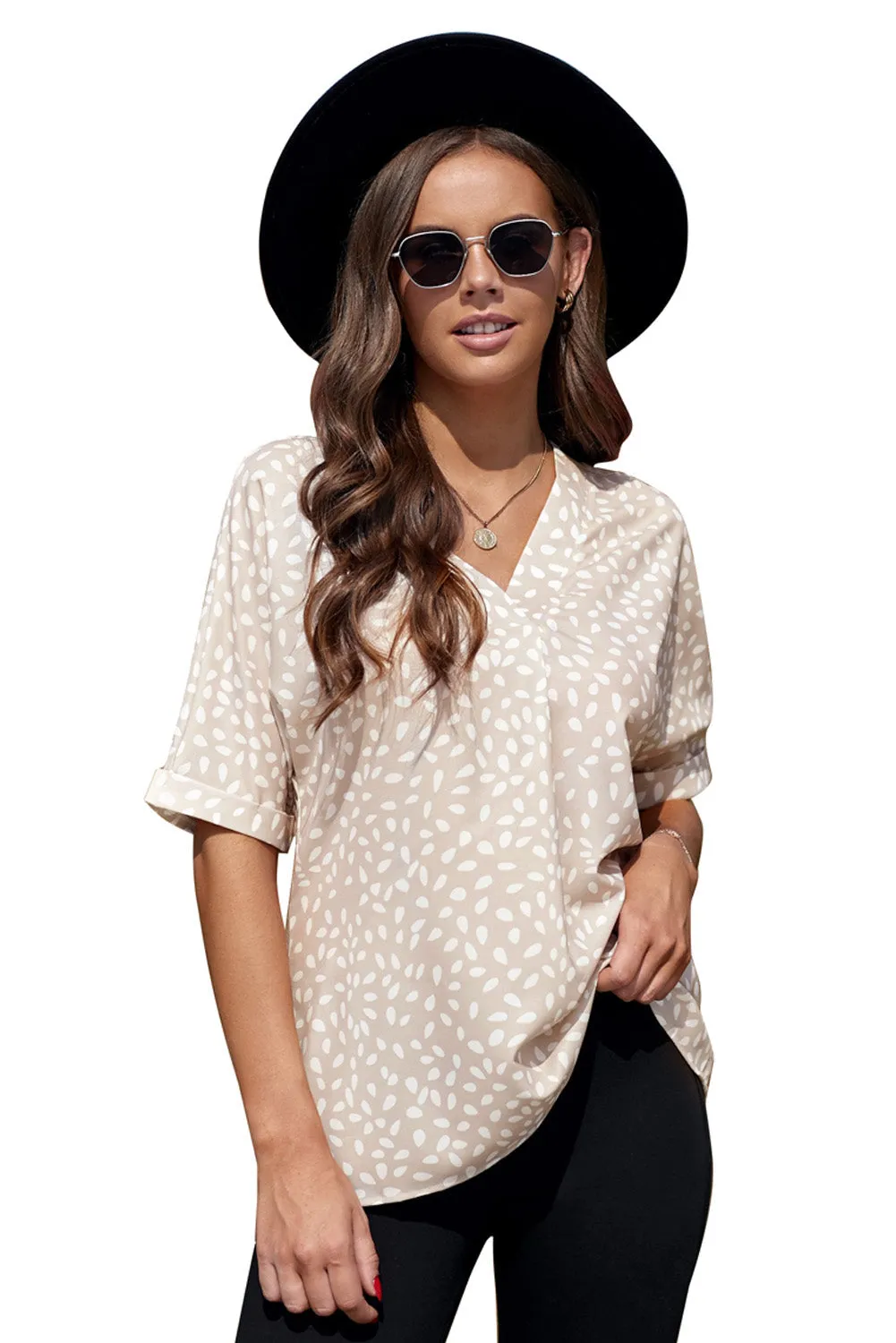 Animal Print V-Neck Rolled Sleeve Tunic Top