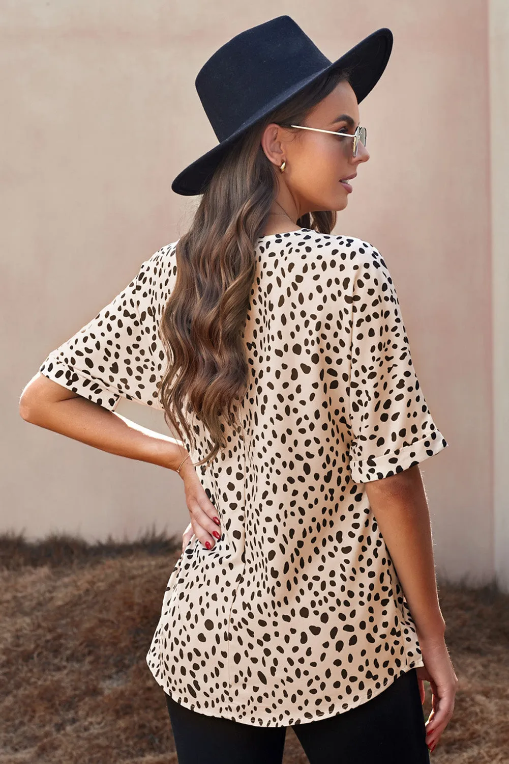 Animal Print V-Neck Rolled Sleeve Tunic Top