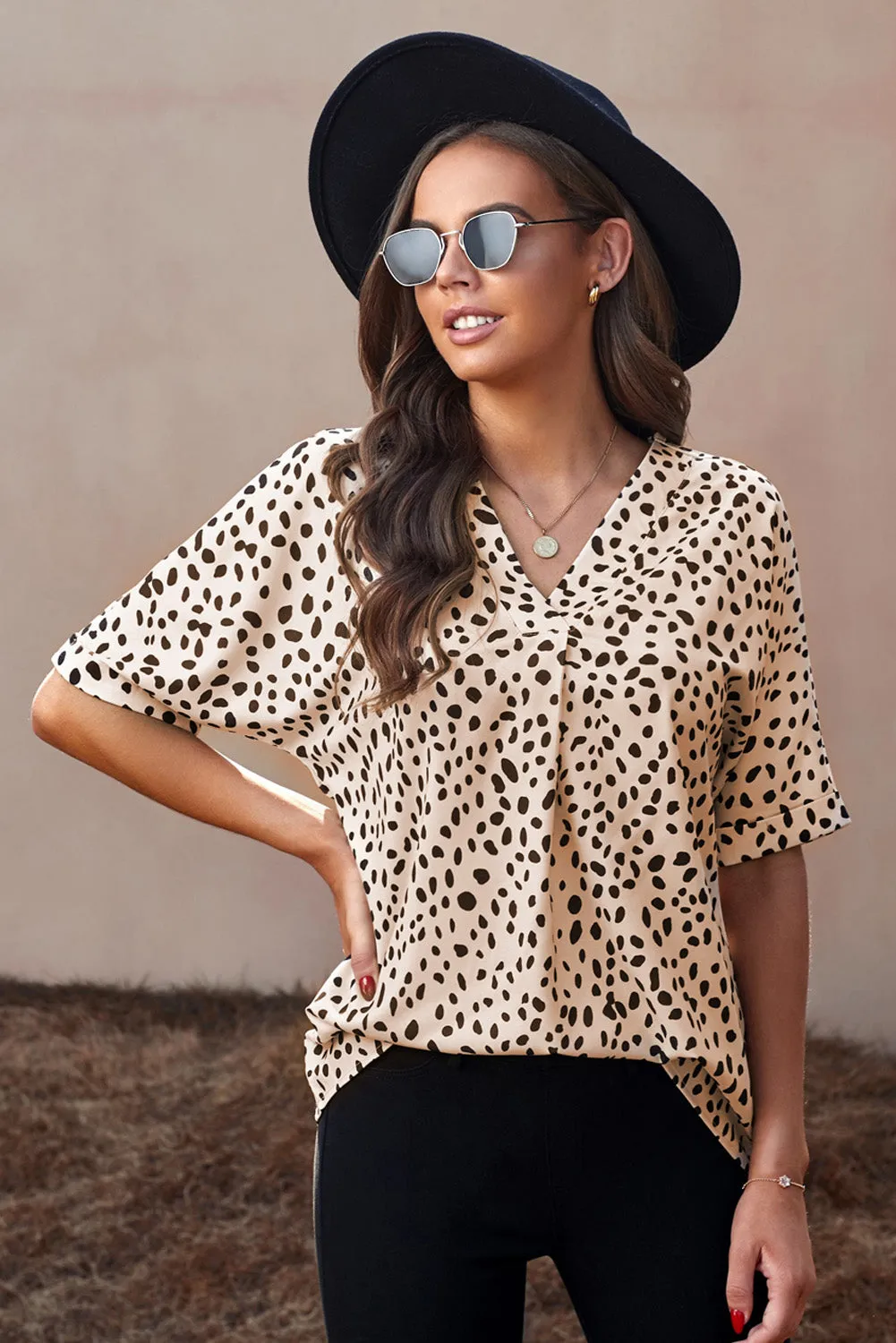 Animal Print V-Neck Rolled Sleeve Tunic Top