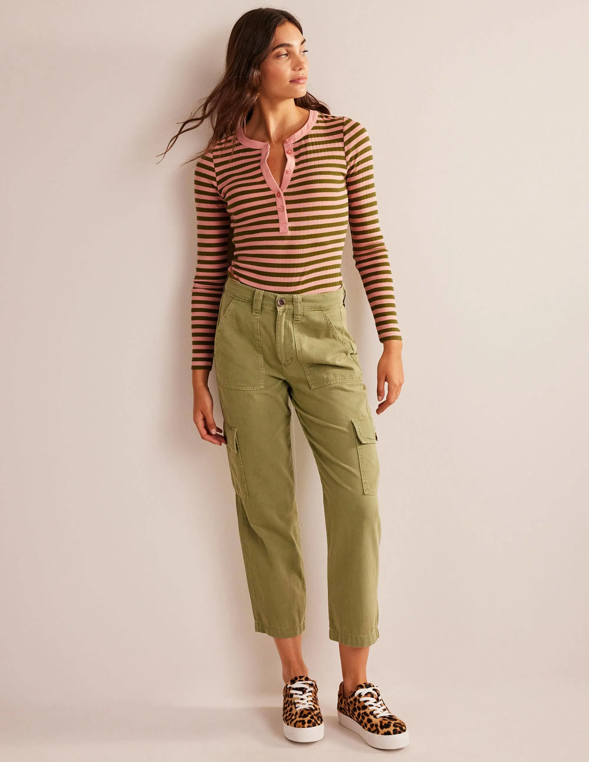 Anna Rib Henley T-Shirt-Rosette Blush, Olive Green