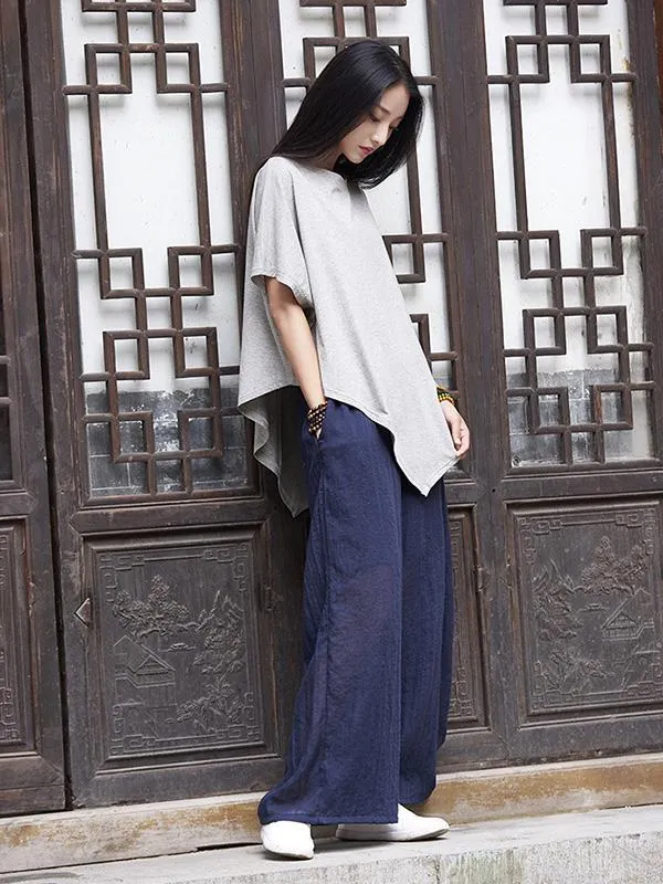 Asymmetric Batwing-sleeves Ramie Cotton Tops