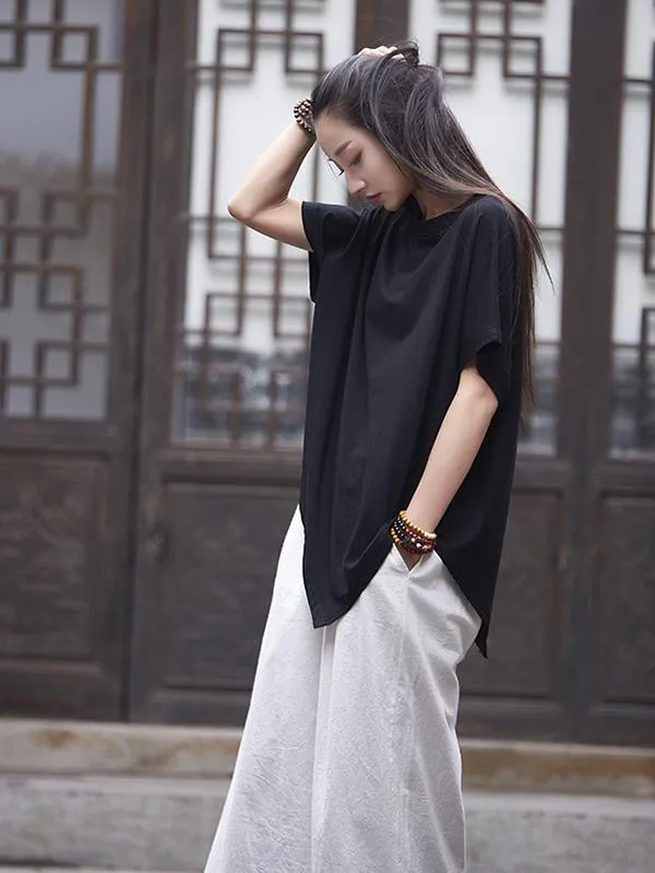 Asymmetric Batwing-sleeves Ramie Cotton Tops