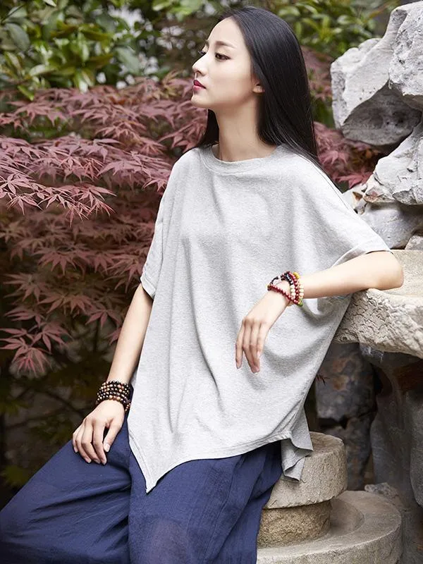 Asymmetric Batwing-sleeves Ramie Cotton Tops