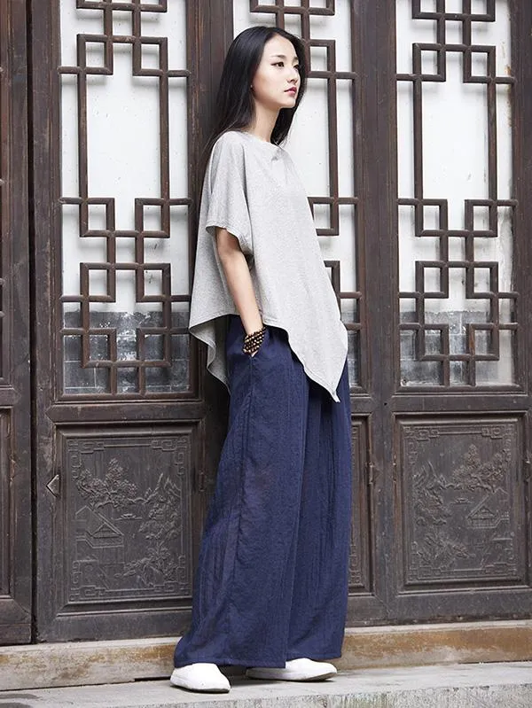 Asymmetric Batwing-sleeves Ramie Cotton Tops