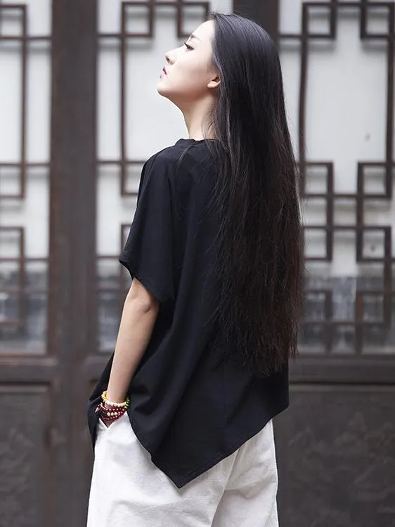 Asymmetric Batwing-sleeves Ramie Cotton Tops