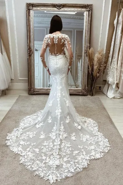 Beautiful Long White Mermaid Lace Wedding Dresses with Long Sleeves