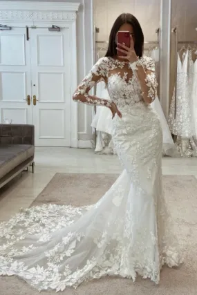 Beautiful Long White Mermaid Lace Wedding Dresses with Long Sleeves