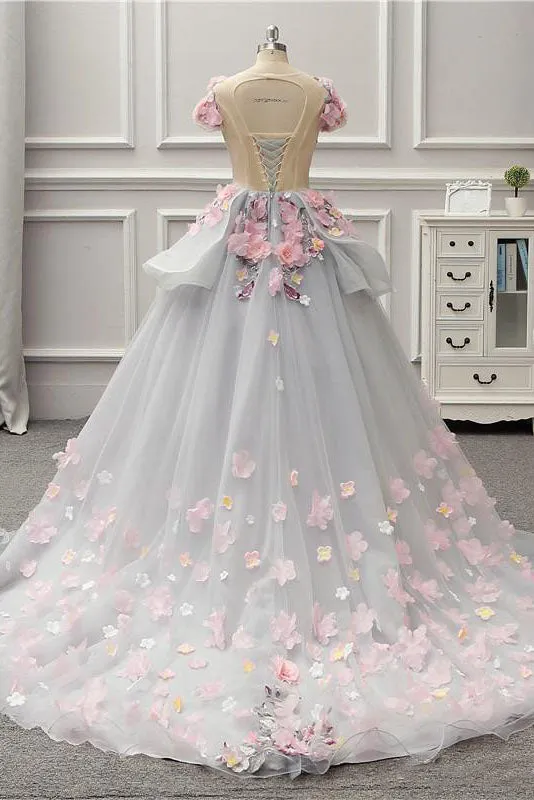 Becky | Elegant Lace-up Back Floral Appliques Grey Long Prom Dress