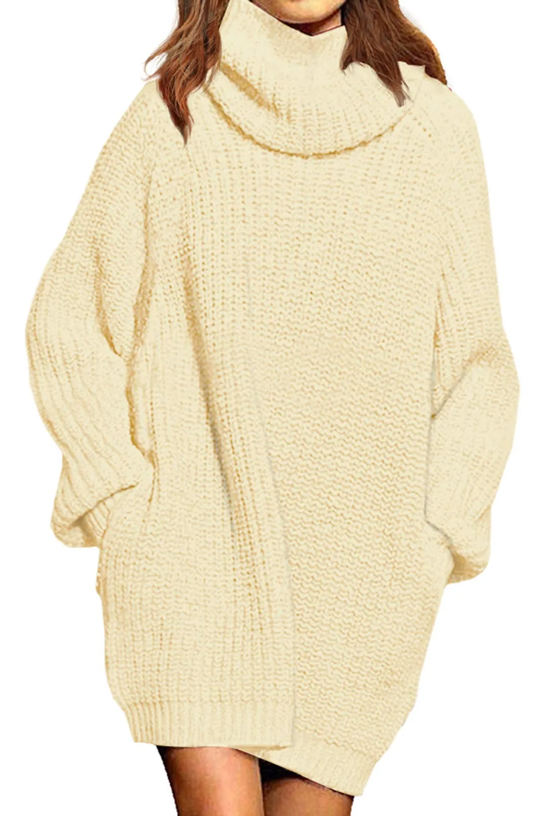 Beige Women's Loose Turtleneck Oversize Long Pullover Sweater Dress - Pink Queen