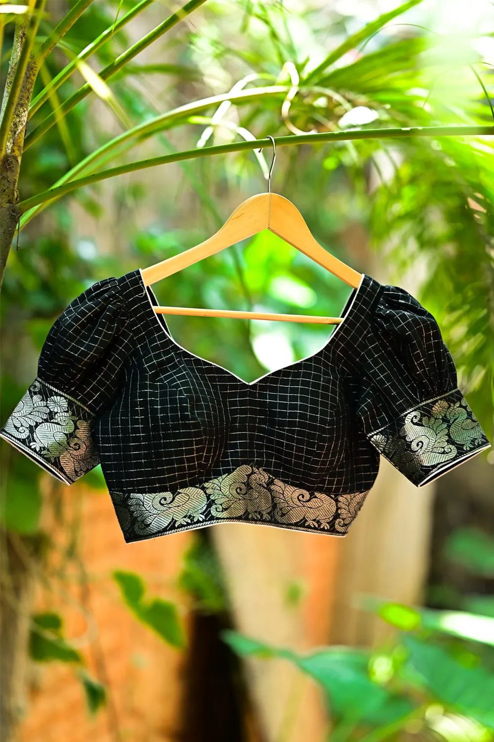 Black & silver checked sweetheart neck blouse with puff sleeves in Chettinad cotton