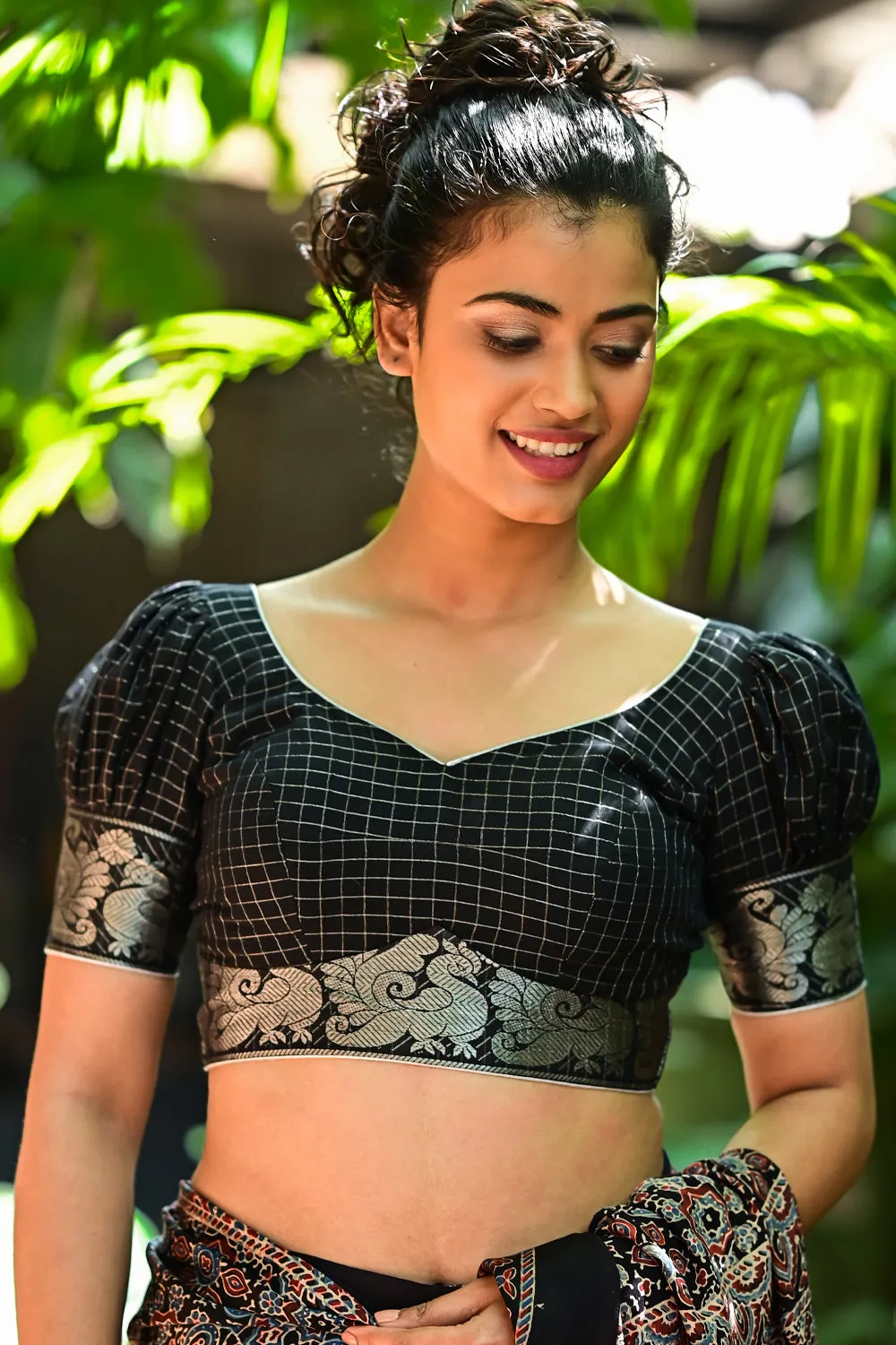 Black & silver checked sweetheart neck blouse with puff sleeves in Chettinad cotton