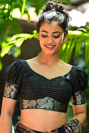 Black & silver checked sweetheart neck blouse with puff sleeves in Chettinad cotton