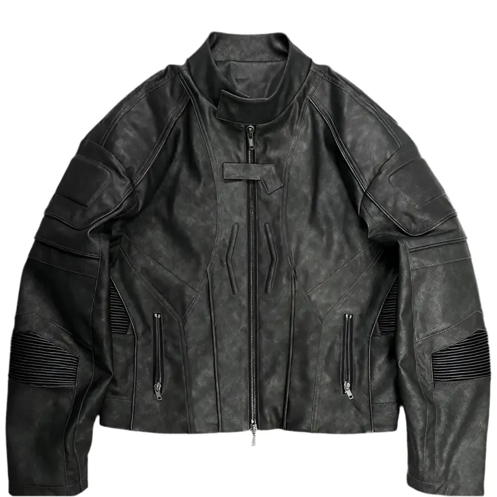 Black Cropped Distressed Leather Racer Jacket