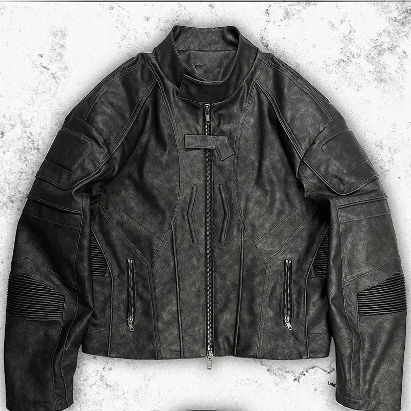 Black Cropped Distressed Leather Racer Jacket