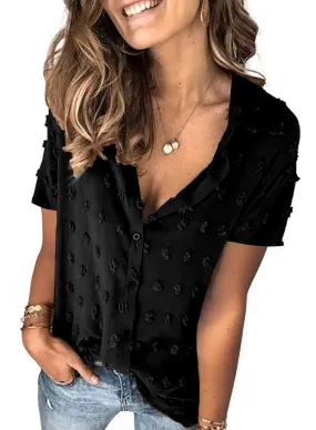 Black Half Sleeve Women Pompom Button Down Shirt Casual Blouse Top - Astylish