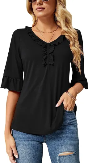 Black Short Sleeve Shirts Casual V Neck T Shirts Loose Summer Tops Ruffle - Ivicoer