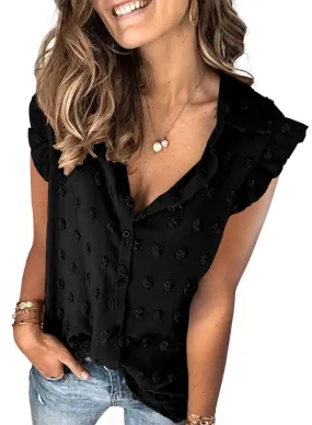 Black Women Pompom Button Down Shirt Casual Blouse Top - Astylish