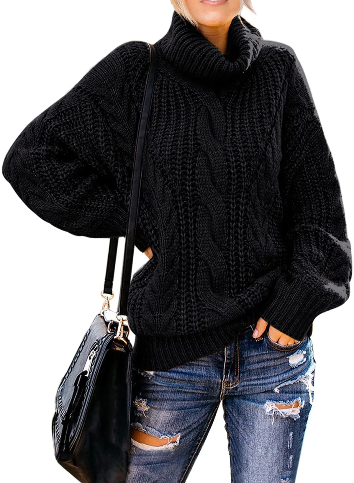 Black Women's Turtleneck Balloon Long Sleeve Casual Loose Chunky Cable Knit Pullover Sweater Outerwear - FARYSAYS