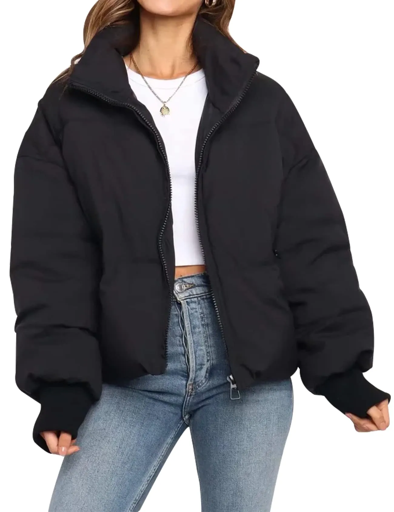 Black Women’s Winter Jacket Coat Cropped Puffer Short Warm Quilted - Gihuo