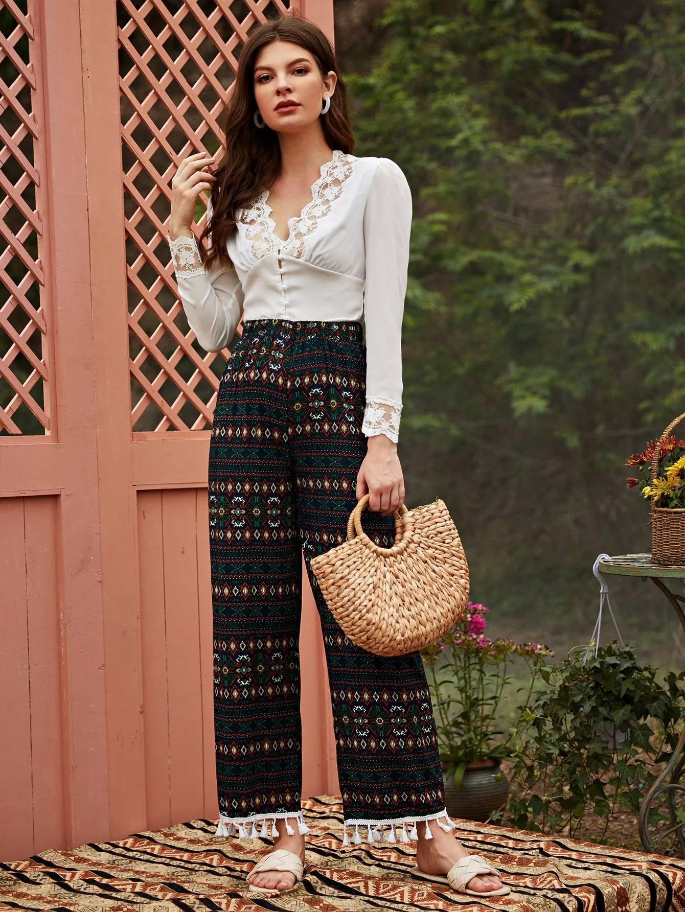 Boho Geometric Fringe High Waist Long Women Pants