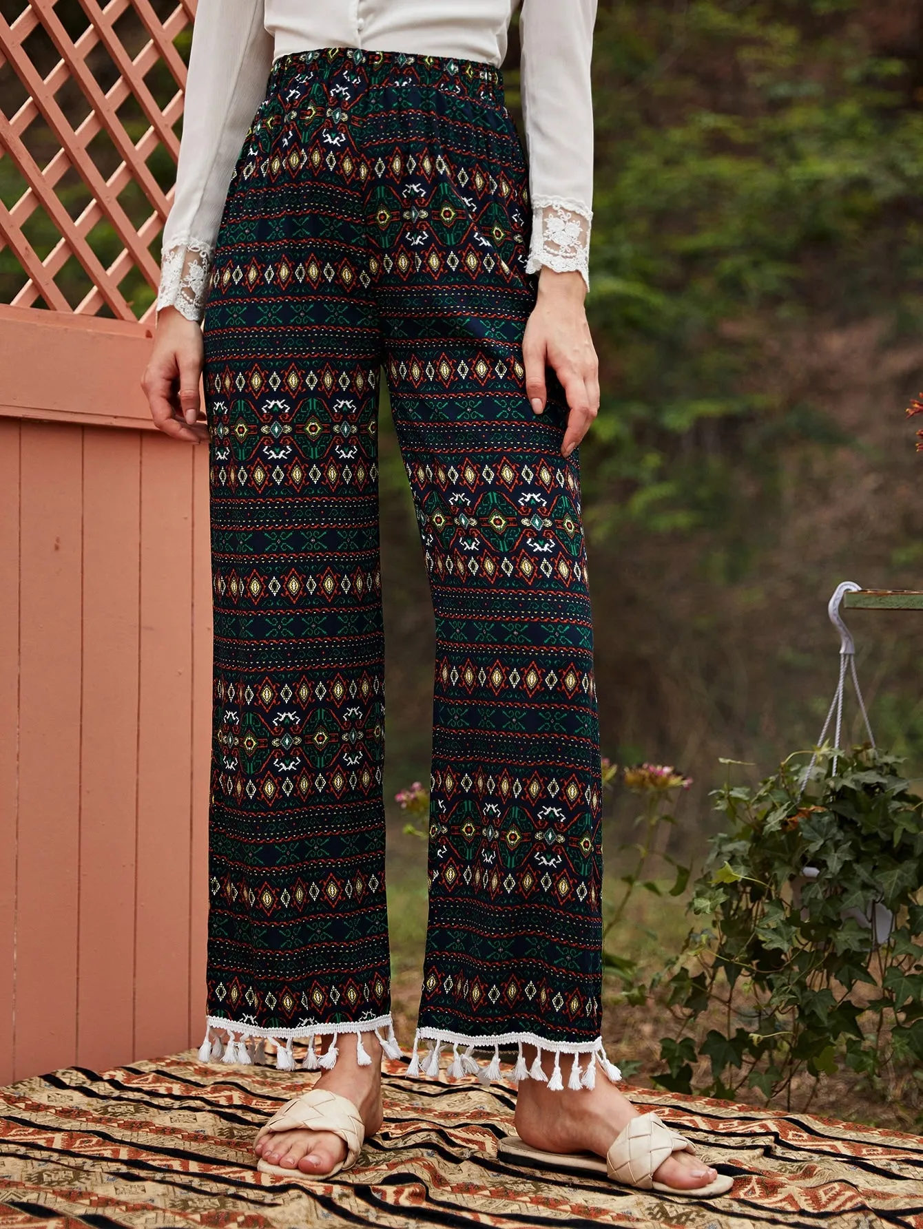 Boho Geometric Fringe High Waist Long Women Pants