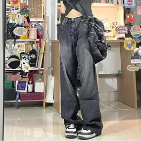 Bonnyshow Women Vintage Streetwear Black Baggy Korean Jeans High Waiste Oversize Wide Leg Pants Grunge Denim Trousers Y2K Alt Clothes