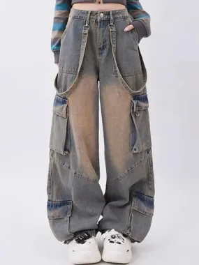 Bonnyshow Y2K Emo Korean Acubi Vintage Cargo Baggy Jeans Grunge Aesthetic Denim Wide Leg Pants Straight Trousers Women Oversize Clothes