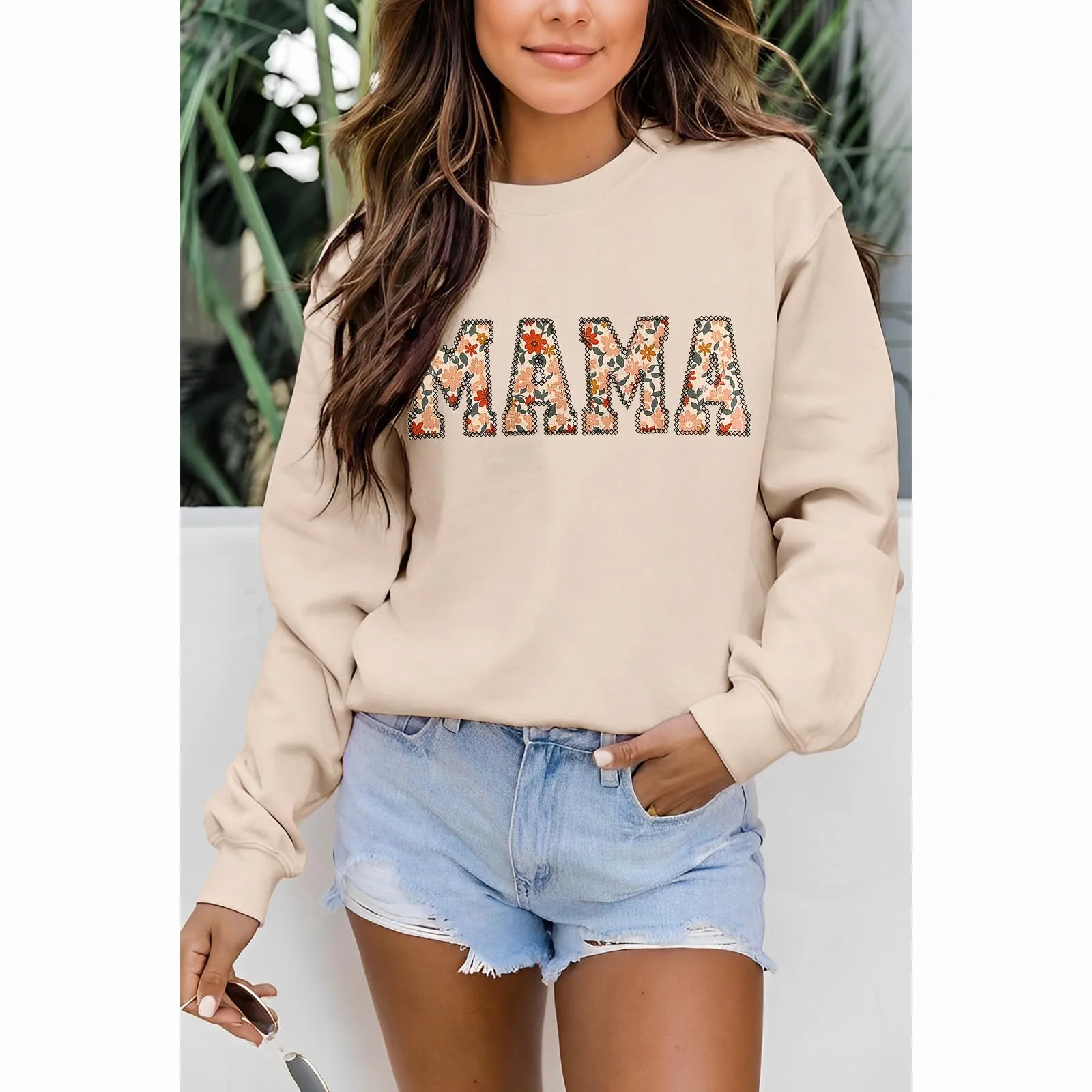 BOUTIKOME Mama Sweatshirt Women Funny Letter Print Mom Life Long Sleeve Crewneck Pullover Shirt Blouse Tops(Apricot-Flower,L)