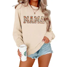 BOUTIKOME Mama Sweatshirt Women Funny Letter Print Mom Life Long Sleeve Crewneck Pullover Shirt Blouse Tops(Apricot-Flower,L)