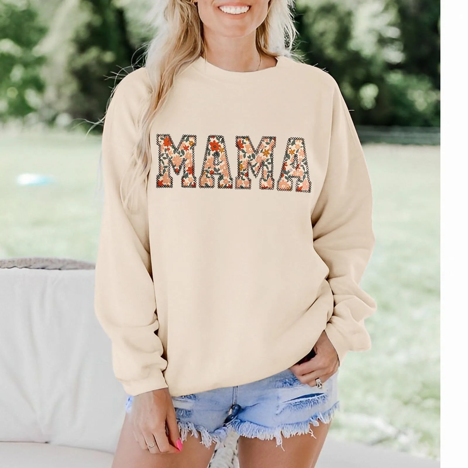 BOUTIKOME Mama Sweatshirt Women Funny Letter Print Mom Life Long Sleeve Crewneck Pullover Shirt Blouse Tops(Apricot-Flower,L)